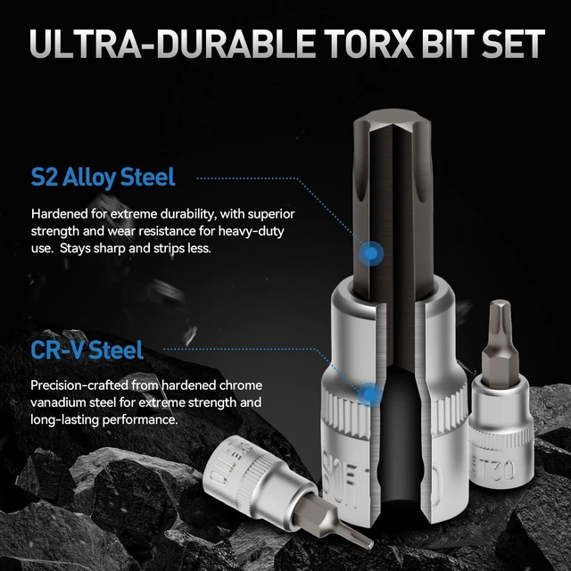 Alt view image 3 of 7 - 34-Piece 3/8'' Drive Torx Star Bit sockets CR-V E-Socket Set, E4-20, T10-60, Tamper Proof Set TT10-TT55, 5/16"F to 3/8"M adapter with Storage Case