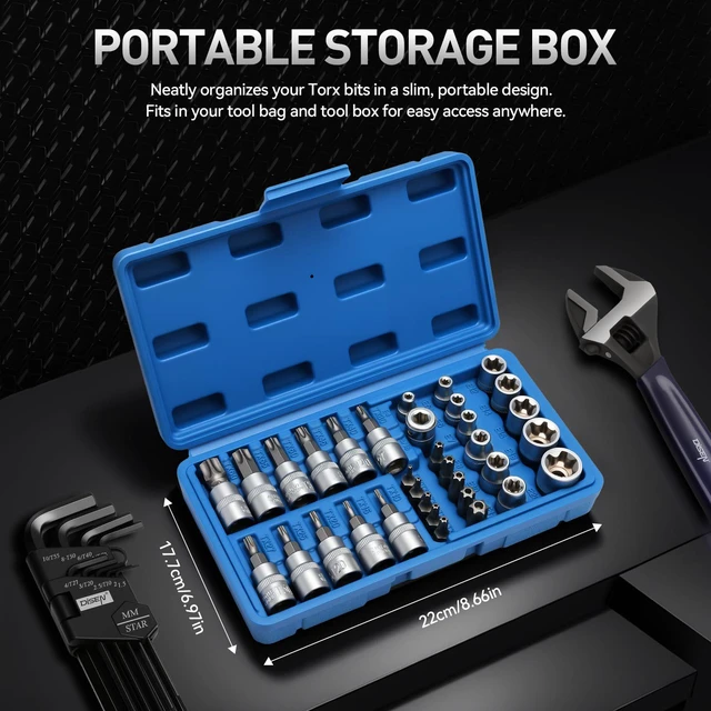 Alt view image 4 of 7 - 34-Piece 3/8'' Drive Torx Star Bit sockets CR-V E-Socket Set, E4-20, T10-60, Tamper Proof Set TT10-TT55, 5/16"F to 3/8"M adapter with Storage Case
