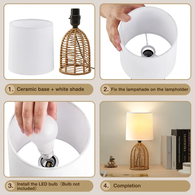 Alt view image 7 of 7 - Rattan Lamp Boho Lamps Set of 2-13.75" Mini Farmhouse Table Lamp Rustic End Table Decorative Small Lamps for Small Spaces Bedroom Nightstand Living Room Reading Desk Side Table Lamp