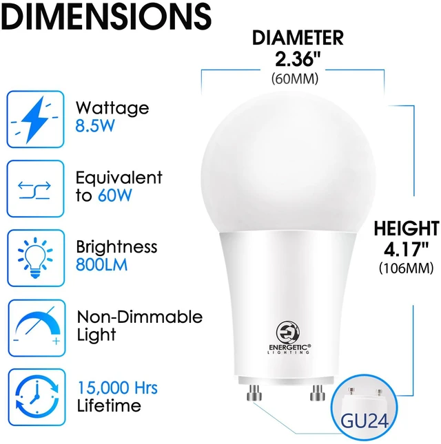 Alt view image 2 of 7 - Energetic LED GU24 Light Bulb, A19 Shape 60 Watt Equivalent (8.5W), 3000K Warm White, 800 Lumens, Non-Dimmable, 2 Pin LED Light Bulb, UL Listed, 10 Packs
