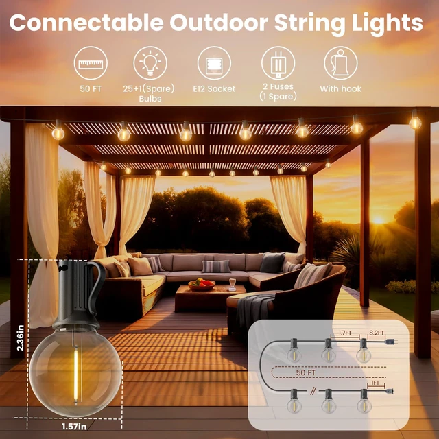 Alt view image 2 of 7 - Outdoor String Lights 50ft, G40 Led Patio Lights with 26pcs Bulbs,Waterproof Shatterproof Dimmable Hanging Connectable Globe Outdoor Lights for Cafe,Bistro,Backyard,Gazebo,Balcony,Party, Black