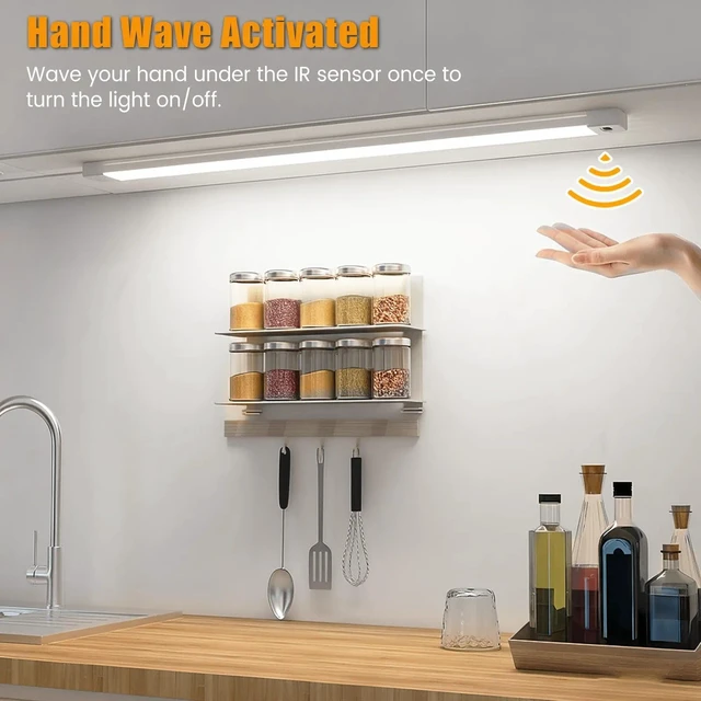 Alt view image 3 of 7 - 2pcs 16 Inch Under Cabinet Lights with Hand Wave,Plug and Play 5000K Daylight White,Dimmable,CRI>90,110V,420Lumen,7W,Bright Counter,Shelf,Above the Sink