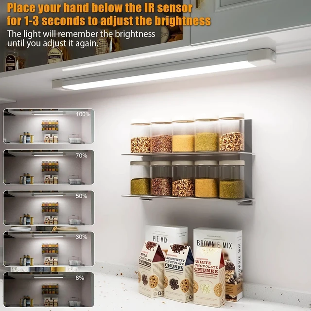 Alt view image 4 of 7 - 2pcs 16 Inch Under Cabinet Lights with Hand Wave,Plug and Play 5000K Daylight White,Dimmable,CRI>90,110V,420Lumen,7W,Bright Counter,Shelf,Above the Sink