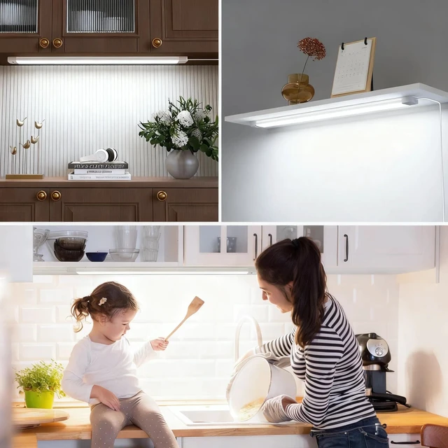 Alt view image 6 of 7 - 2pcs 16 Inch Under Cabinet Lights with Hand Wave,Plug and Play 5000K Daylight White,Dimmable,CRI>90,110V,420Lumen,7W,Bright Counter,Shelf,Above the Sink