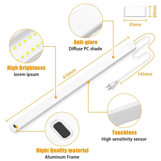 Alt view image 4 of 7 - 2pcs 16 Inch Under Cabinet Lights with Hand Wave,Plug and Play 4000K Natural White,Dimmable,CRI>90,110V,420Lumen,7W,Bright Counter,Shelf,Above the Sink