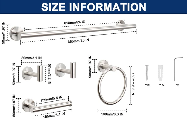 Alt view image 2 of 7 - 10 Pieces Bathroom Hardware Set SUS304 Thicken Stainless Steel-Towel Rack Kit Include 26" Towel Rod + Bath Towel Ring + Toilet Paper Holder + Robe Towel Hooks Bath Accessories (Nickel)