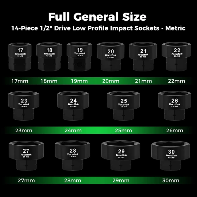 Alt view image 2 of 7 - 14PCS 1/2" Drive 17-30mm Low Profile Nano Impact Socket Set