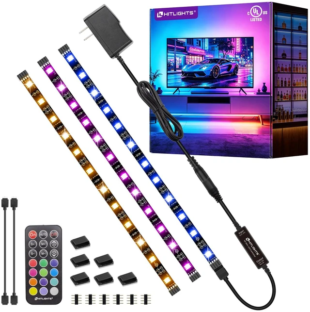 Main image of LED Strip Lights Kit, RGB Color Changing Tape Light Pre-Cut 3FT UL Listed with RF Remote 12V Power Supply Connectors, Dimmable 12 Colors 19 Dynamic Modes for Cabinet Shelf Display Backlight