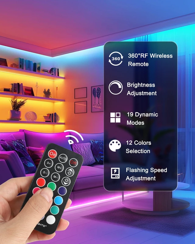 Alt view image 3 of 7 - LED Strip Lights Kit, RGB Color Changing Tape Light Pre-Cut 3FT UL Listed with RF Remote 12V Power Supply Connectors, Dimmable 12 Colors 19 Dynamic Modes for Cabinet Shelf Display Backlight