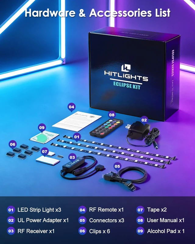 Alt view image 5 of 7 - LED Strip Lights Kit, RGB Color Changing Tape Light Pre-Cut 3FT UL Listed with RF Remote 12V Power Supply Connectors, Dimmable 12 Colors 19 Dynamic Modes for Cabinet Shelf Display Backlight