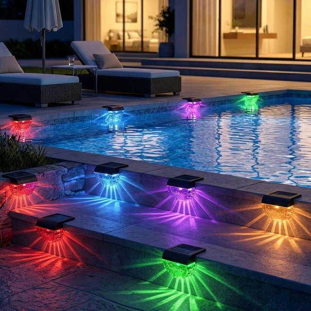 Alt view image 3 of 7 - 12 Pack Solar Deck Lights Outdoor, Solar Step Lights Waterproof for Outside, Yard, Patio, Garden, Pool, Railing, Stairs, Fence (Color Changing)