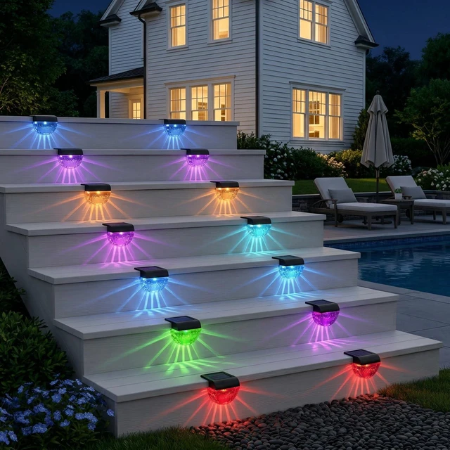 Alt view image 5 of 7 - 12 Pack Solar Deck Lights Outdoor, Solar Step Lights Waterproof for Outside, Yard, Patio, Garden, Pool, Railing, Stairs, Fence (Color Changing)