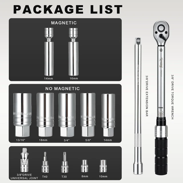 Alt view image 2 of 7 - 14PCS 3/8" Drive Spark Plug Socket Set Includes 2 Magnetic Sockets (14mm, 16mm) & 5 Rubber-Grip Sockets + Torque Wrench (5-45 Lb.ft), Swivel Joint & Extension Bar CR-V Steel