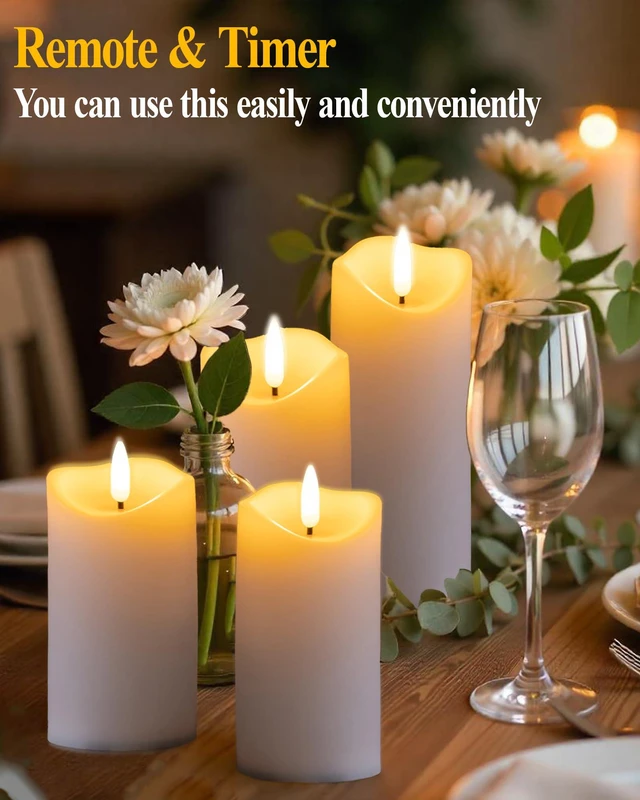 Alt view image 2 of 6 - 9-Pack Flickering Flameless Candles with Remote Timer, LED, Real Wax 2" Diameter White Pillar Candles, Fake Candles, Battery Operated Candles for Home, Fireplace, Centerpiece and Rustic Decor