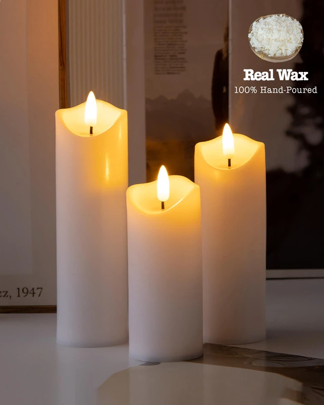 Alt view image 4 of 6 - 9-Pack Flickering Flameless Candles with Remote Timer, LED, Real Wax 2" Diameter White Pillar Candles, Fake Candles, Battery Operated Candles for Home, Fireplace, Centerpiece and Rustic Decor