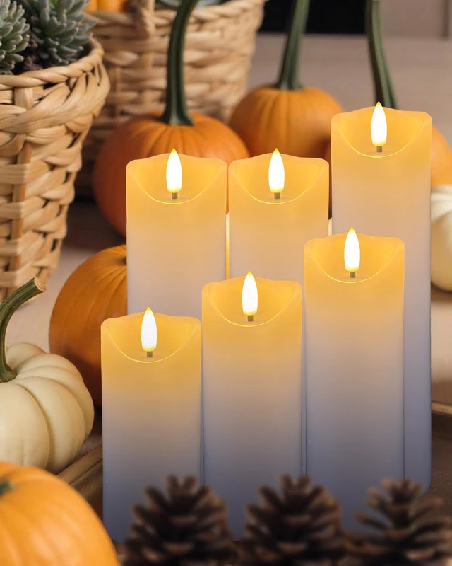 Alt view image 3 of 6 - 9-Pack Flickering Flameless Candles with Remote Timer, LED, Real Wax 2" Diameter White Pillar Candles, Fake Candles, Battery Operated Candles for Home, Fireplace, Centerpiece and Rustic Decor
