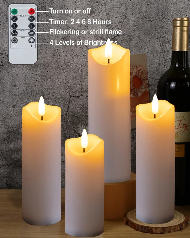 Alt view image 5 of 6 - 9-Pack Flickering Flameless Candles with Remote Timer, LED, Real Wax 2" Diameter White Pillar Candles, Fake Candles, Battery Operated Candles for Home, Fireplace, Centerpiece and Rustic Decor
