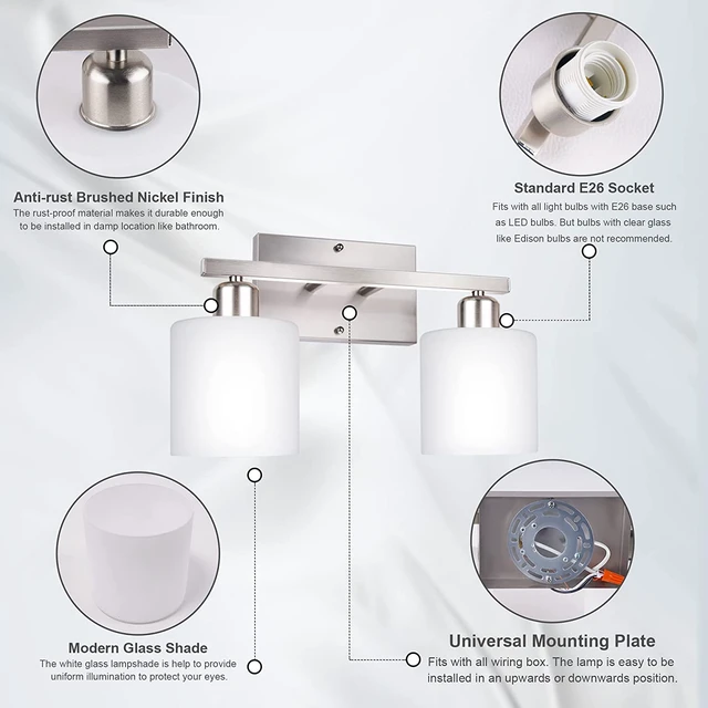 Alt view image 6 of 7 - Bathroom Vanity Light Fixture Brushed Nickel, 2-Light Wall Sconces Anti-Rust Vanity Lights Over Mirror, 12 Inches, E26 Standard Socket, Milky White Glass Shades, Bulbs Not Included