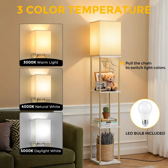 Alt view image 2 of 7 - Floor Lamp with Shelves, 3-Tier Square Bookshelf Standing Lamp White & Gold 3 Color Temperature Bulb Included, Pull Chain Mid Century Tall Lamp for Living Room Bedroom Corner Office Apartment Decor