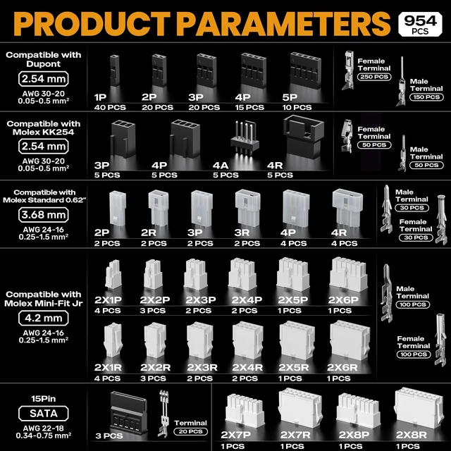 Alt view image 4 of 7 - Crimping Tool Connector Kit, 41 Types of Connectors (2.54-4.2mm), Compatible with Molex Mini-Fit Jr 4.2mm, Standard.062" (3.68mm), Dupont 2.54mm, KF2510 and KK254, Crimper for 30-16 AWG Wire