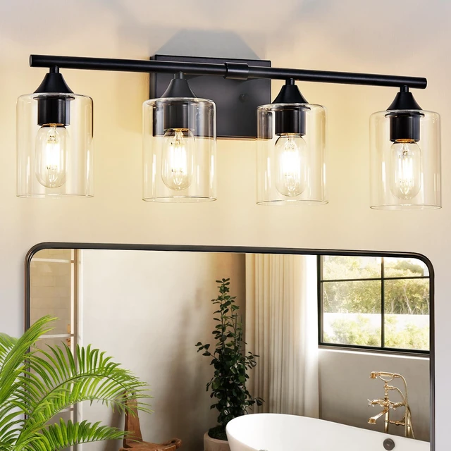 Main image of 4-Light Bathroom Light Fixtures,Black Bathroom Vanity Light,Bathroom Lights Over Mirror with Clear Glass Shade,Modern Sconce Wall Lighting for Mirror Bedroom Vanity Hallway