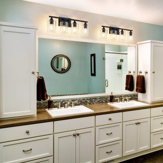 Alt view image 2 of 7 - 4-Light Bathroom Light Fixtures,Black Bathroom Vanity Light,Bathroom Lights Over Mirror with Clear Glass Shade,Modern Sconce Wall Lighting for Mirror Bedroom Vanity Hallway