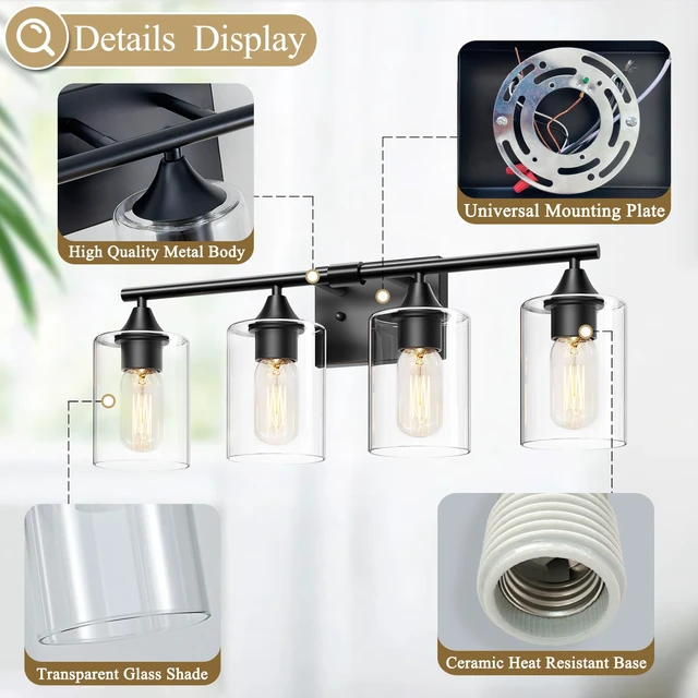 Alt view image 5 of 7 - 4-Light Bathroom Light Fixtures,Black Bathroom Vanity Light,Bathroom Lights Over Mirror with Clear Glass Shade,Modern Sconce Wall Lighting for Mirror Bedroom Vanity Hallway