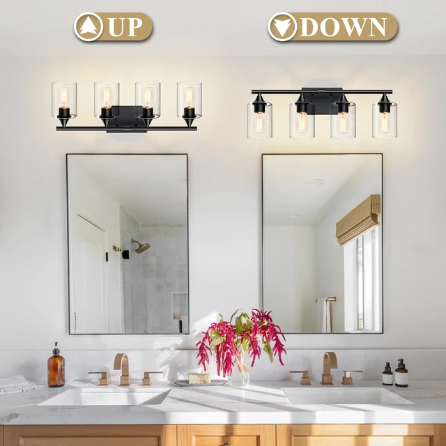 Alt view image 6 of 7 - 4-Light Bathroom Light Fixtures,Black Bathroom Vanity Light,Bathroom Lights Over Mirror with Clear Glass Shade,Modern Sconce Wall Lighting for Mirror Bedroom Vanity Hallway