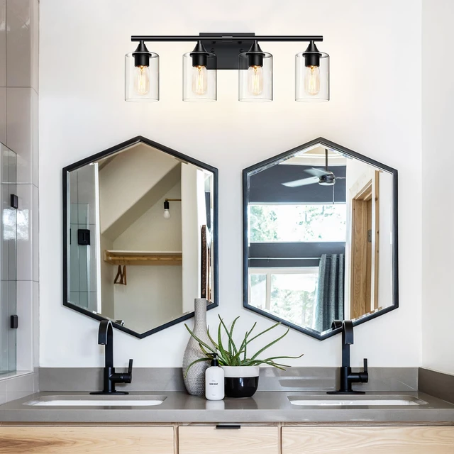 Alt view image 3 of 7 - 4-Light Bathroom Light Fixtures,Black Bathroom Vanity Light,Bathroom Lights Over Mirror with Clear Glass Shade,Modern Sconce Wall Lighting for Mirror Bedroom Vanity Hallway