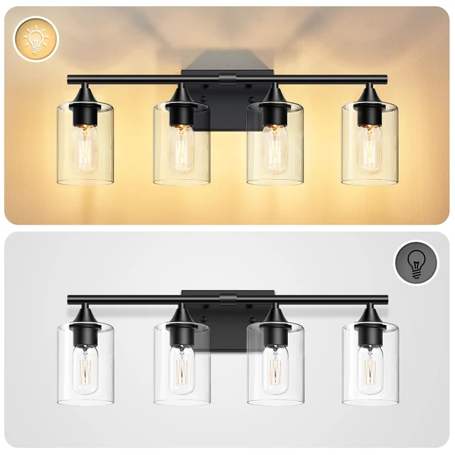 Alt view image 7 of 7 - 4-Light Bathroom Light Fixtures,Black Bathroom Vanity Light,Bathroom Lights Over Mirror with Clear Glass Shade,Modern Sconce Wall Lighting for Mirror Bedroom Vanity Hallway