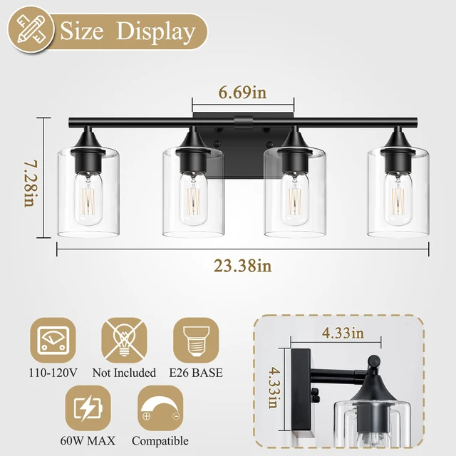 Alt view image 4 of 7 - 4-Light Bathroom Light Fixtures,Black Bathroom Vanity Light,Bathroom Lights Over Mirror with Clear Glass Shade,Modern Sconce Wall Lighting for Mirror Bedroom Vanity Hallway