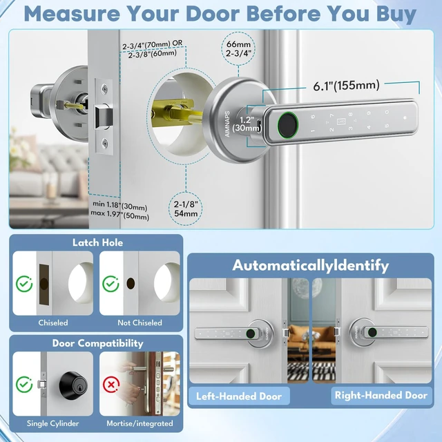 Alt view image 4 of 7 - Fingerprint Door Lock, Door Locks for Bedroom, Keyless Entry Door Knob with Handle,Generate Passcode Remotely-Smart Door Lock for Apartment, Office (Silver 02)