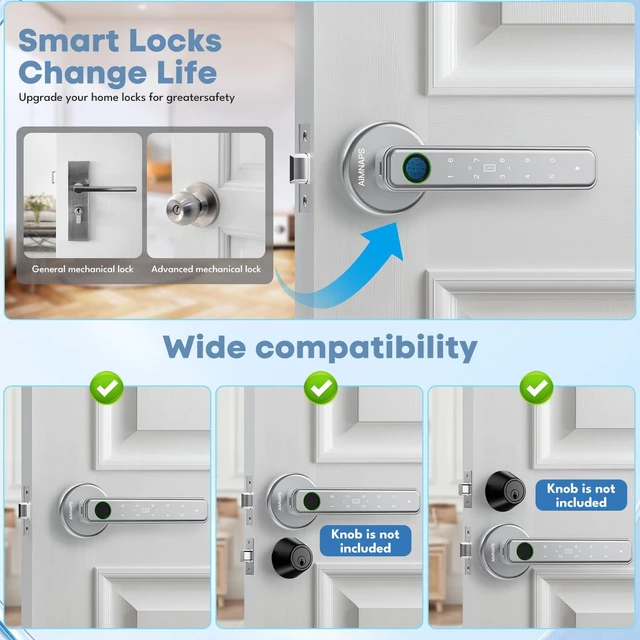 Alt view image 5 of 7 - Fingerprint Door Lock, Door Locks for Bedroom, Keyless Entry Door Knob with Handle,Generate Passcode Remotely-Smart Door Lock for Apartment, Office (Silver 02)