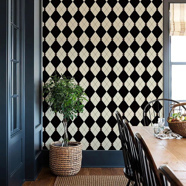 Main image of Retro Checkered Peel and Stick Wallpaper Black and White Wallpaper 17.3"x480" Vintage Plaid British Geometric Wall Paper for Bathroom Kitchen Cabinet Contact Paper