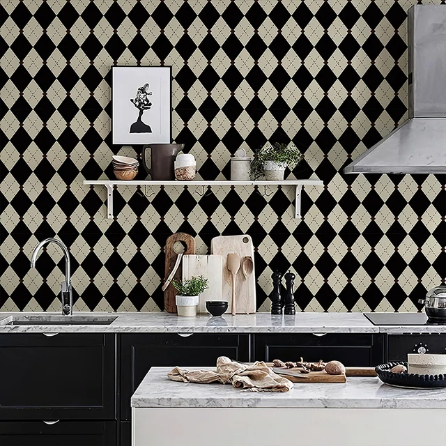 Alt view image 3 of 7 - Retro Checkered Peel and Stick Wallpaper Black and White Wallpaper 17.3"x480" Vintage Plaid British Geometric Wall Paper for Bathroom Kitchen Cabinet Contact Paper
