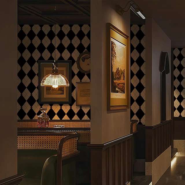 Alt view image 4 of 7 - Retro Checkered Peel and Stick Wallpaper Black and White Wallpaper 17.3"x480" Vintage Plaid British Geometric Wall Paper for Bathroom Kitchen Cabinet Contact Paper
