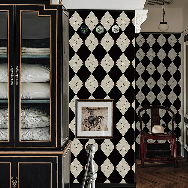 Alt view image 5 of 7 - Retro Checkered Peel and Stick Wallpaper Black and White Wallpaper 17.3"x480" Vintage Plaid British Geometric Wall Paper for Bathroom Kitchen Cabinet Contact Paper