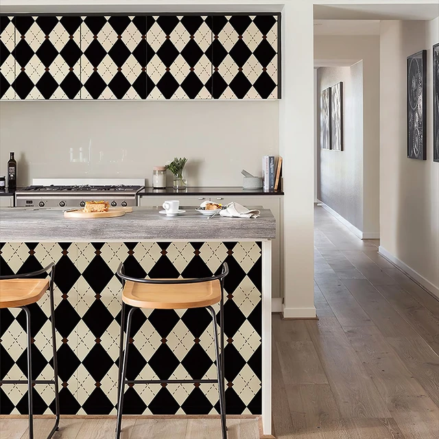 Alt view image 6 of 7 - Retro Checkered Peel and Stick Wallpaper Black and White Wallpaper 17.3"x480" Vintage Plaid British Geometric Wall Paper for Bathroom Kitchen Cabinet Contact Paper
