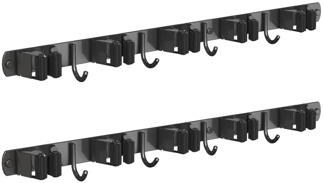 Main image of 2 Pack Mop and Broom Holder Wall Mount for Kitchen Garden Garage Laundry Stainless Steel, Non-slip Broom Hanger Wall Mount, Heavy Duty Mop Broom Organizer, Black, 5 Racks 4 Hooks