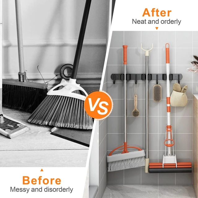 Alt view image 2 of 7 - 2 Pack Mop and Broom Holder Wall Mount for Kitchen Garden Garage Laundry Stainless Steel, Non-slip Broom Hanger Wall Mount, Heavy Duty Mop Broom Organizer, Black, 3 Racks 4 Hooks