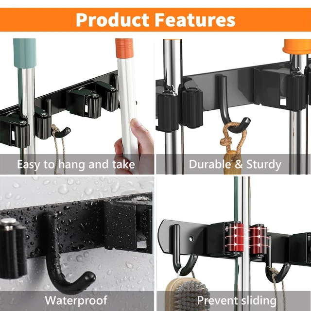 Alt view image 3 of 6 - 2 Pack Mop and Broom Holder Wall Mount for Kitchen Garden Garage Laundry Non-slip Broom Hanger Wall Mount, Stainless Steel, Heavy Duty Mop Broom Organizer, Black, 4R5H