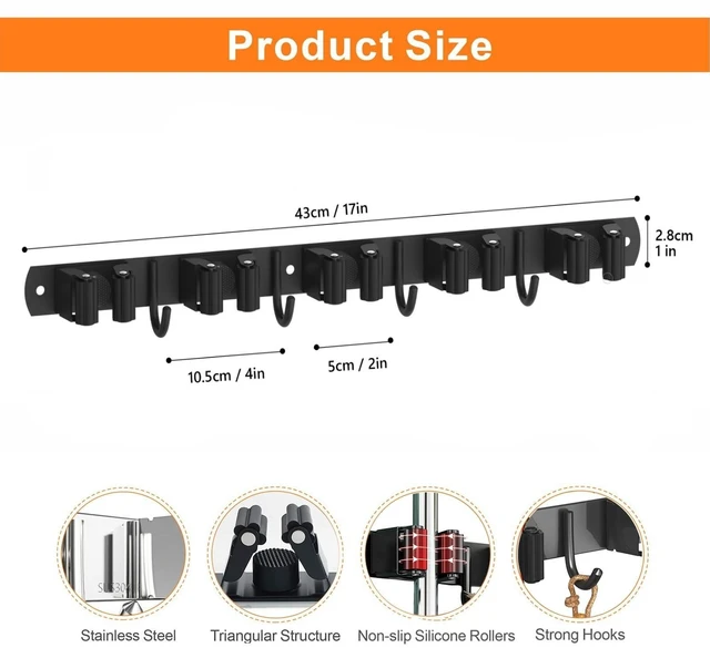 Alt view image 5 of 6 - Mop and Broom Holder Wall Mount for Kitchen Garden Laundry Garage Upgraded Broom Organizer Wall Mount, Stainless Steel Broom Hanger Wall Mount, 5 Racks with 4 Hooks, Black