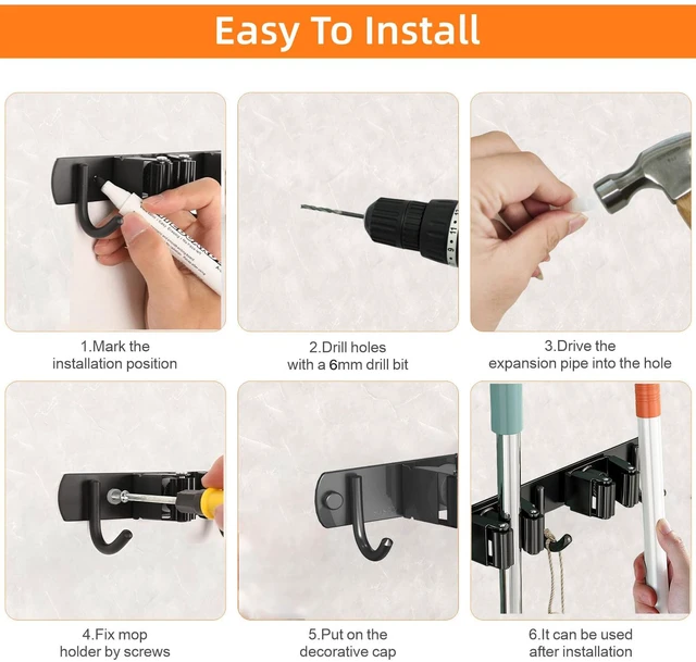 Alt view image 6 of 6 - 2 Pack Mop and Broom Holder Wall Mount for Kitchen Garden Garage Laundry Non-slip Broom Hanger Wall Mount, Stainless Steel, Heavy Duty Mop Broom Organizer, Black, 4R5H