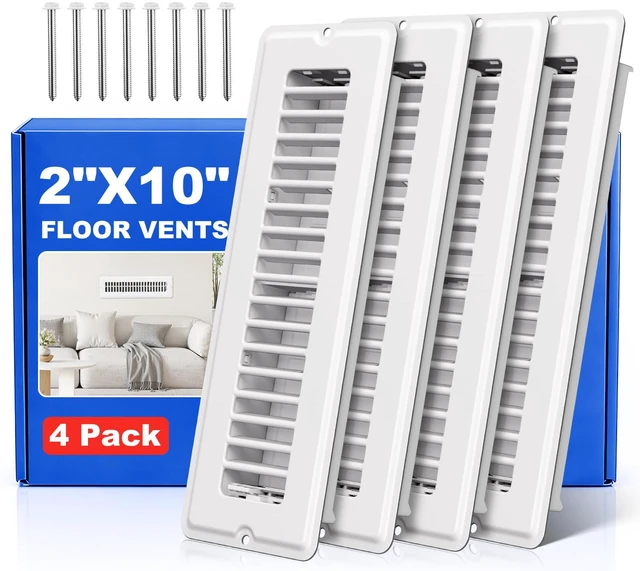 Main image of Floor Register 2x10, 4 Pack White Vent Covers for Home Floor or Wall 8 Screws for Quick-Fit, Heavy Duty Walkable Metal Floor Vents, Air Supply Lever, Easy Adjust Toe Kick Vent Grilles