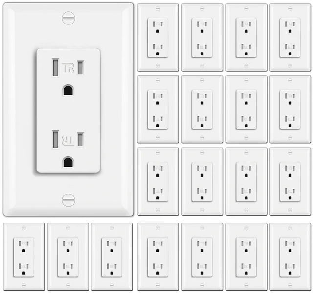 Main image of 20 Pack 15 Amp Tamper Resistant Decor Receptacle, Standard Electrical Wall Outlet, Residential and Commercial Use, 15A/125V/1875W, Wallplate Included, UL Listed, White