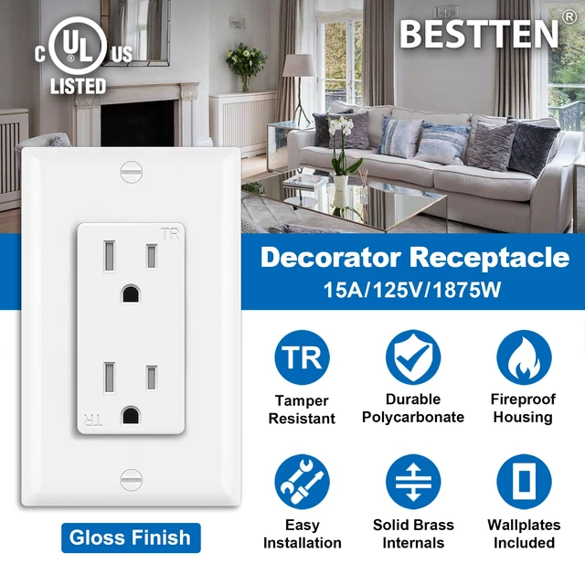 Alt view image 2 of 7 - 20 Pack 15 Amp Tamper Resistant Decor Receptacle, Standard Electrical Wall Outlet, Residential and Commercial Use, 15A/125V/1875W, Wallplate Included, UL Listed, White