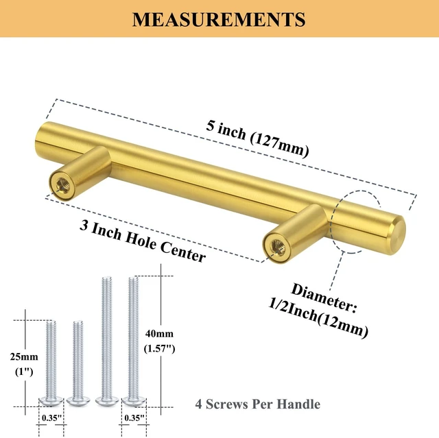 Alt view image 2 of 6 - 30Pack 3''Hole Centers Gold Cabinet Handles-Brushed Brass Cabinet Pulls Gold Dresser Drawer Pulls-Stainless Steel Door Hardware for Kitchen Bathroom Bedroom Furniture-5''Overall Length