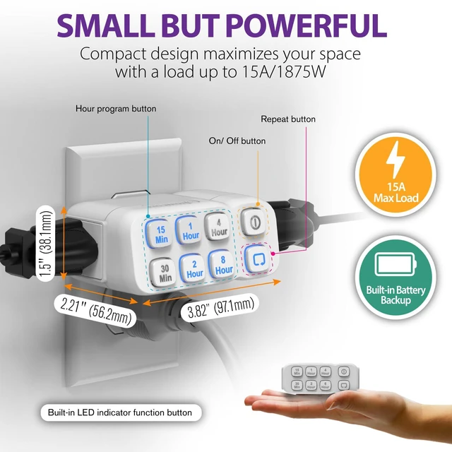 Alt view image 2 of 7 - Countdown Plug-in Timer Dual Outlets, Indoor Light Timers for Electrical Outlets, 15-30 Min, 1-2-4-8 Hour Settings, Grounded 3-Prong, 15A/1875W, ½ HP, 2-Pack