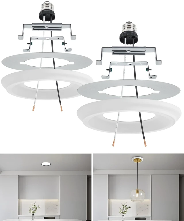 Main image of 2-Pack Recessed Can Light Conversion Kit for 5" and 6" Ceiling Fixtures Pendant/Hanging Light Upgrade, Includes E26 Socket, Mounting Bracket, Round Ceiling PlateWhite