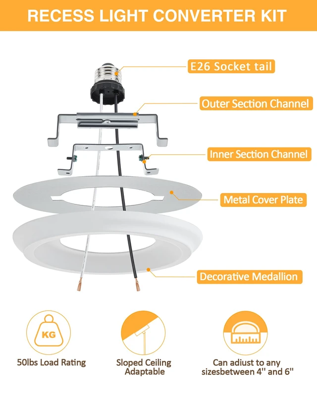 Alt view image 3 of 7 - 2-Pack Recessed Can Light Conversion Kit for 5" and 6" Ceiling Fixtures Pendant/Hanging Light Upgrade, Includes E26 Socket, Mounting Bracket, Round Ceiling PlateWhite